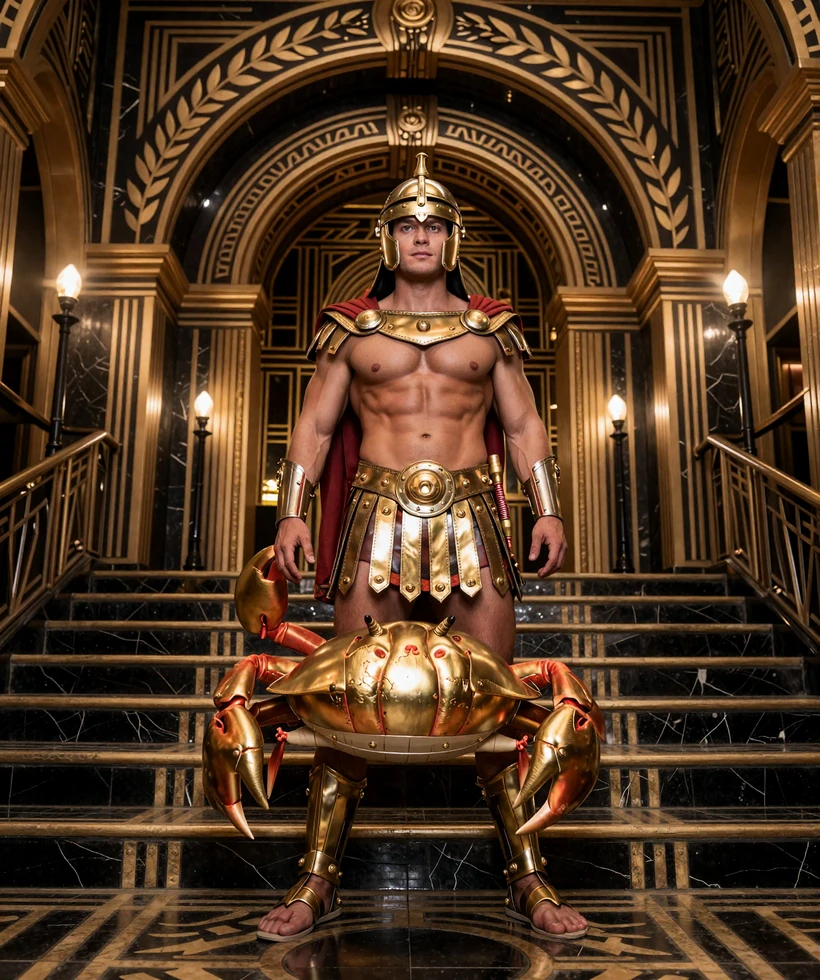 Gladiator mit goldenem Bonus Crab in einer schwarzen und goldenen Legiano-Arena f&uuml;r Online-Casino-Deutschland