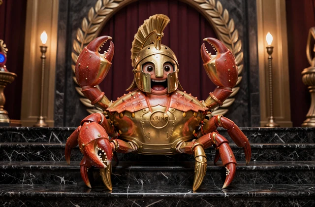 Goldener Bonus Crab als Legiano-Maskottchen vor schwarzem Marmor und Lorbeerb&ouml;gen