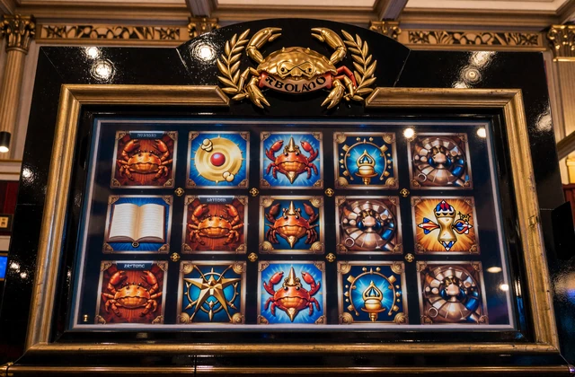 Premium-Slotbereich bei Legiano mit schwarzen Paneelen, Goldrahmen und Bonus-Crab-Wappen