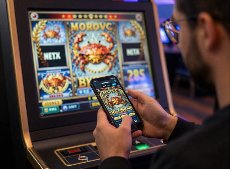 Erwachsener Nutzer pr&uuml;ft Legiano-Spiele mobil auf dem Smartphone mit sichtbarer Slot-Lobby und Bonus-Crab-Wappen