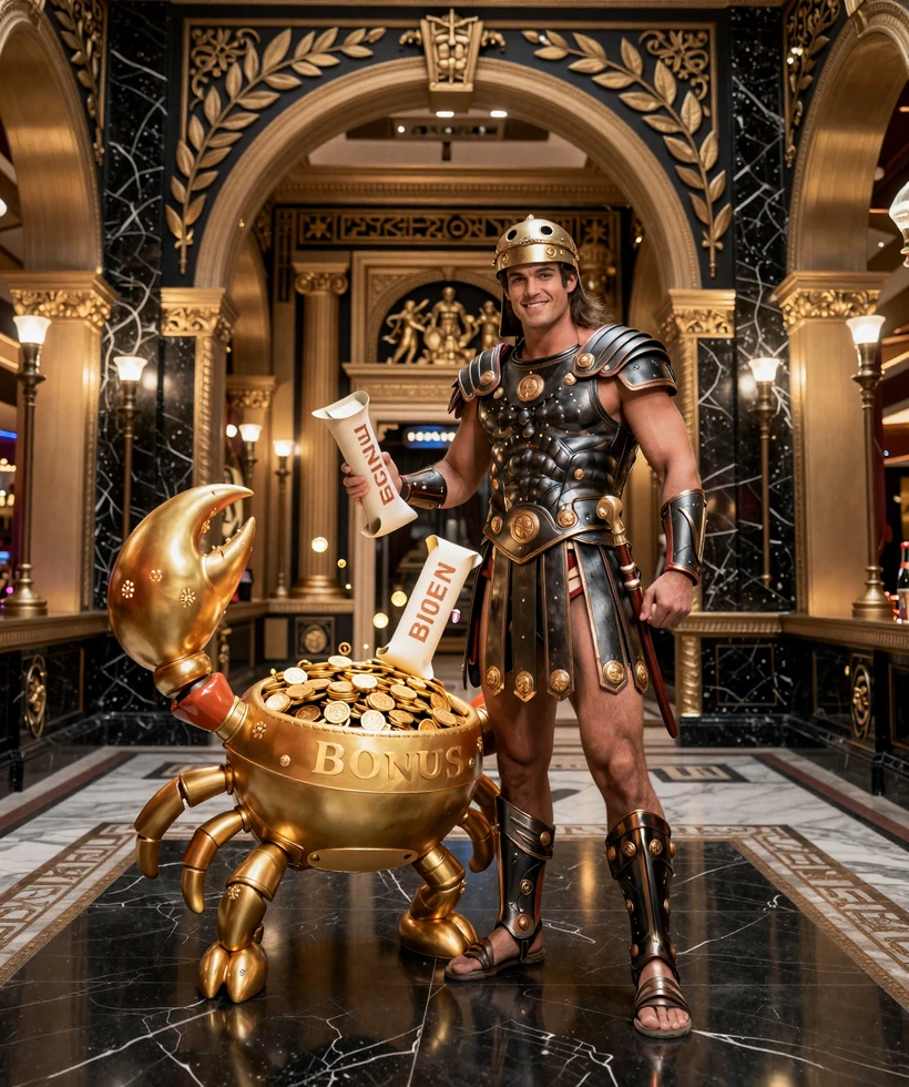 Gladiator und goldener Bonus Crab pr&auml;sentieren den Legiano Willkommensbonus f&uuml;r deutsche Echtgeld-Spieler
