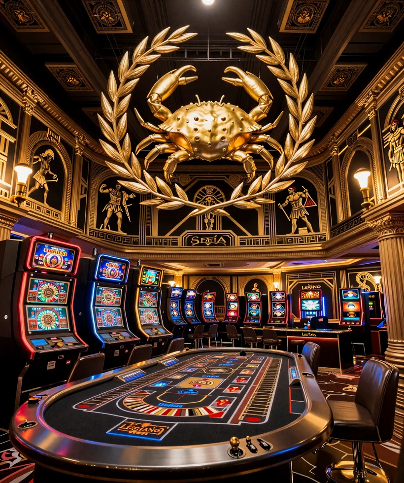 Legiano-Spielelobby mit goldener Bonus Crab, Slots und Live-Roulette im r&ouml;misch inspirierten Casino-Design