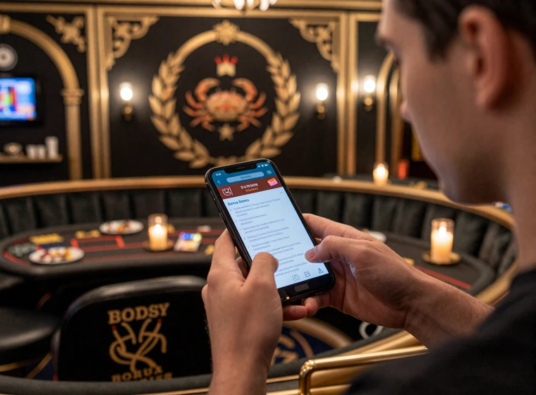 Erwachsener Nutzer pr&uuml;ft Legiano Bonusbedingungen mobil auf dem Smartphone in schwarz-goldener Casino-Umgebung